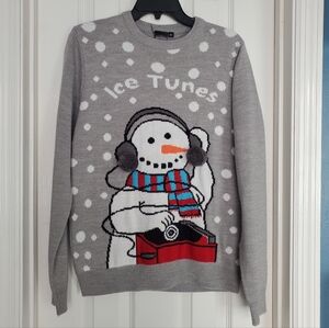 Gray Knit Tacky Christmas Sweater Crew Neck Snowman Knit Long‎ Sleeve Men's Med